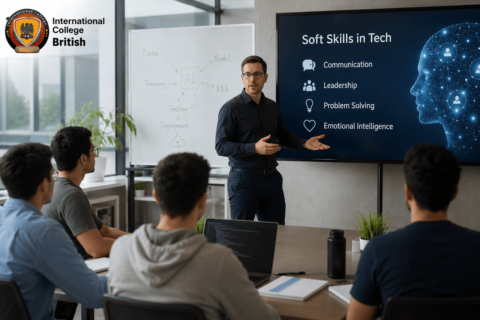 University students collaborating in a modern tech-driven classroom, representing a soft skills college curriculum.